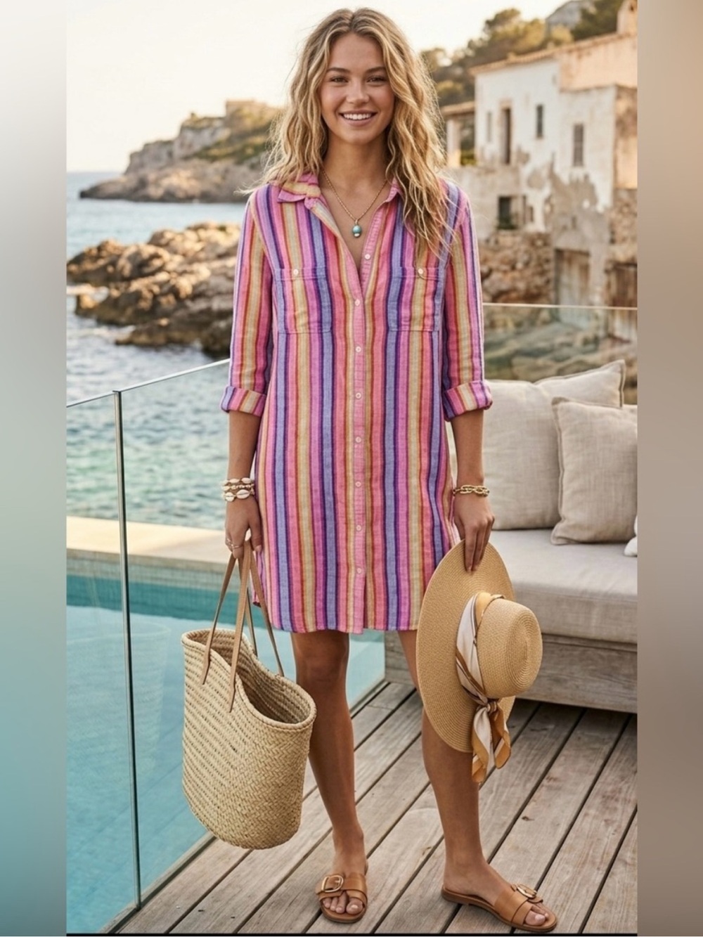 100% Linen Roller Rabbit. Colorful Striped Linen Midi Shirtdress Size S